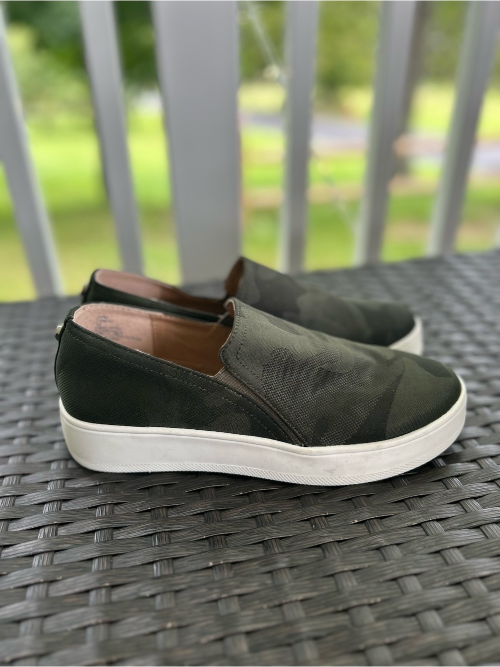 Steve Madden Olive Camo Slip-On Sneakers with White Platform Sole
